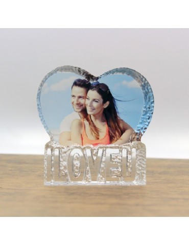 Bloc cristal cœur personnalisé avec une photo et gravé de l'inscription "i love u"