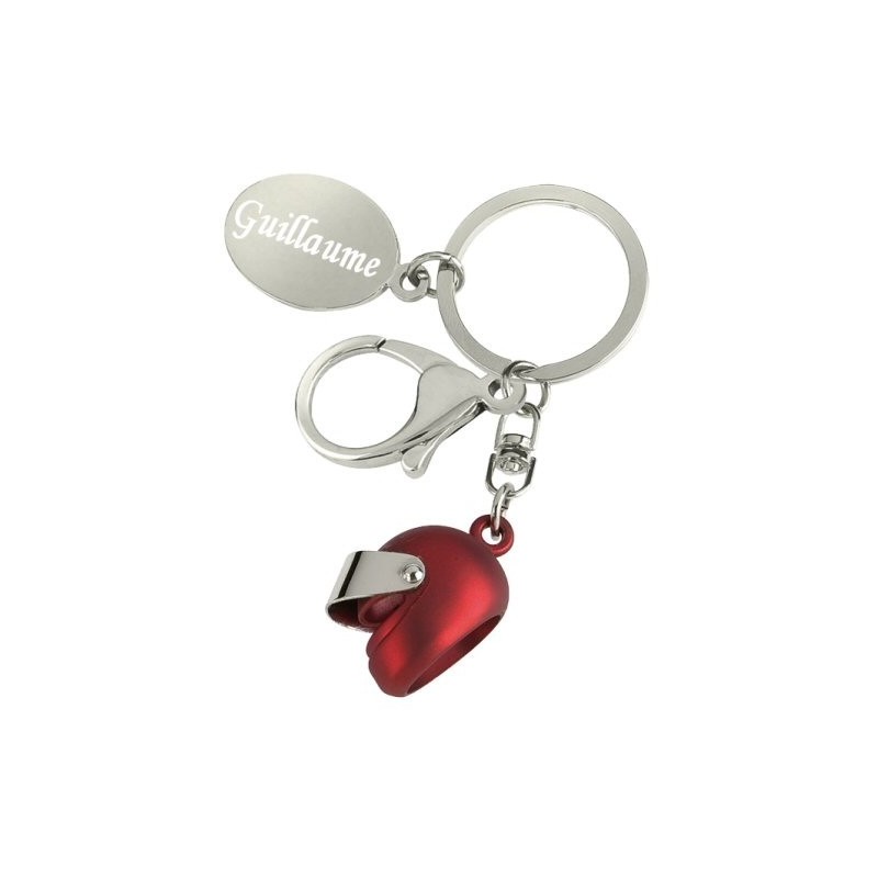 Porte clés casque de moto rouge personnalisé avec une gravure